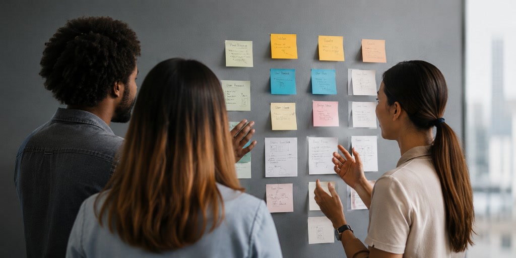 Team collaborating around a planning wall with sticky notes