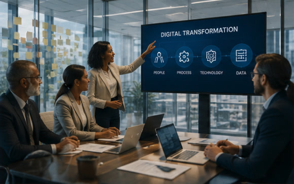 Facilitator presenting a digital transformation framework to a team