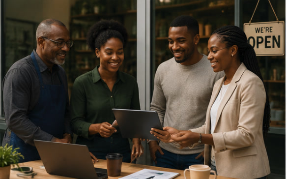 Entrepreneurs reviewing business plans with a mentor