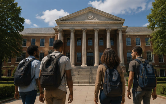 Students walking toward a university campus building