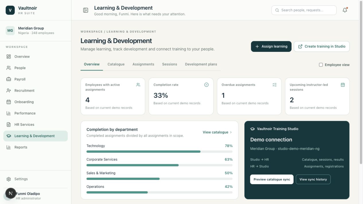 Learning and development preview with assignments, completion, upcoming sessions, and a demo Studio connection