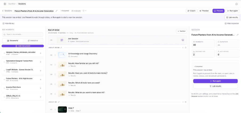 Session builder with library panel, run-of-show timeline, and session inspector
